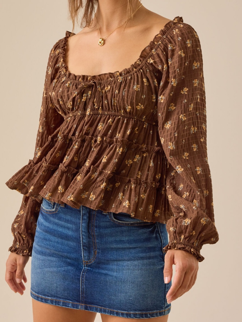 Altar’d State XS Kelcie Floral Bow Babydoll Top Brown Coquette Milkmaid Tiered